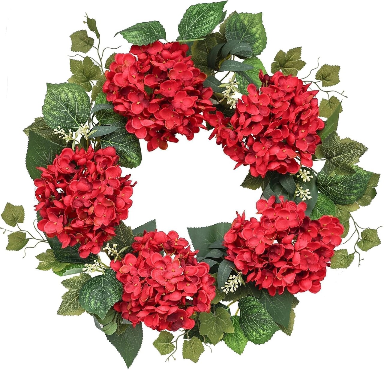 Burgundy Hydrangea Spring Wreath for Front Door, 18 Inch Outdoor Red Summer Wreath for Wedding Home, Farmhouse Indoor Decor for All Seasons, Year Round Flower Fall Christmas Wreath